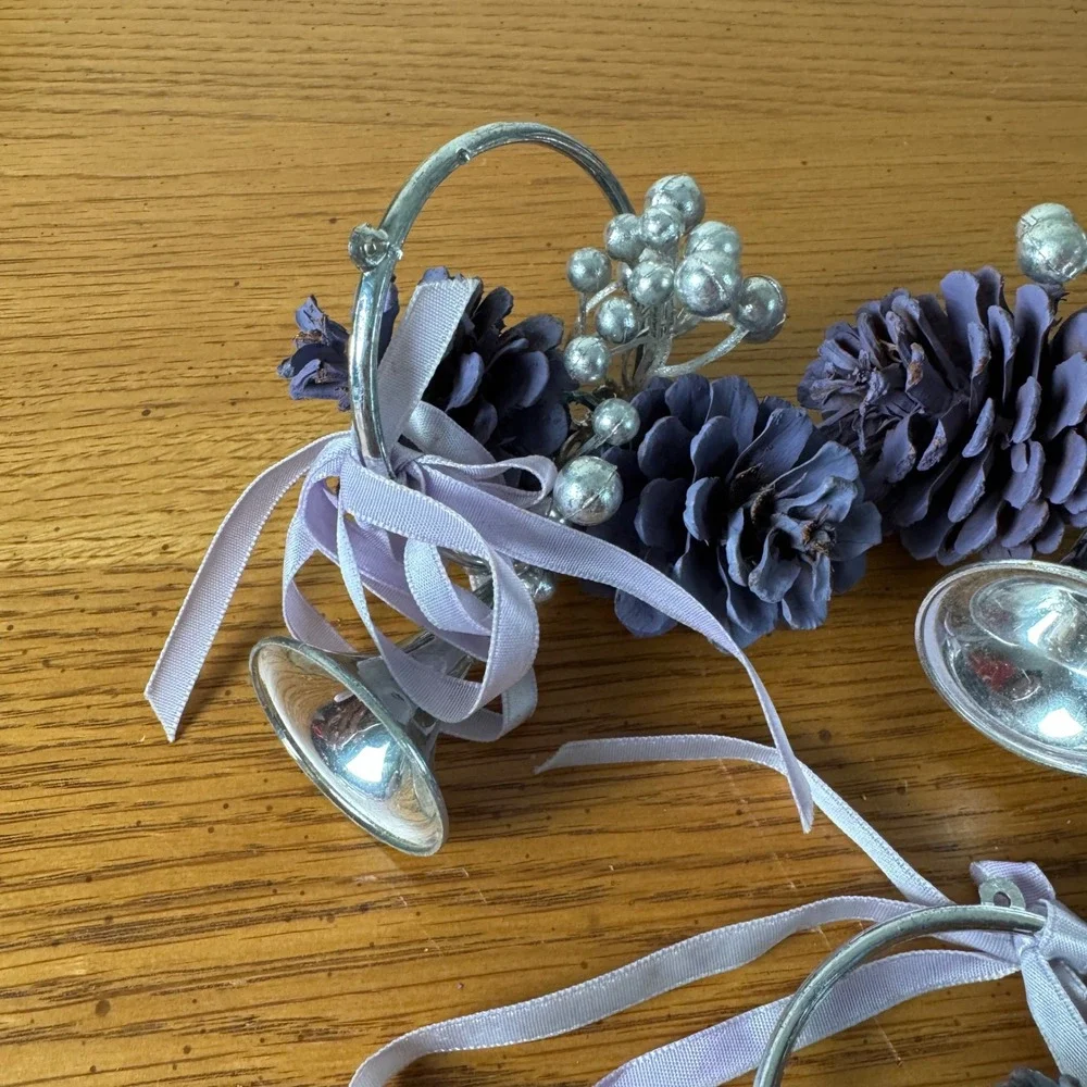 Set of 4 Silver Tone‎ Trumpet Pinecone Holiday Ornaments Purple Lavender Ribbon